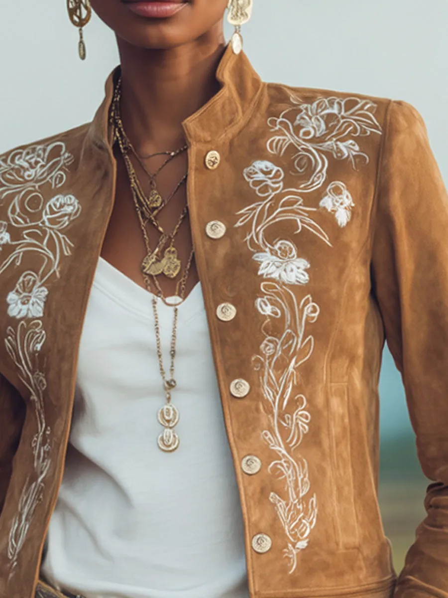 Stand-up Collar Vintage Floral Embroidered Faux Suede Single-breasted Jacket sold by Oyrosy product image thumbnail 2