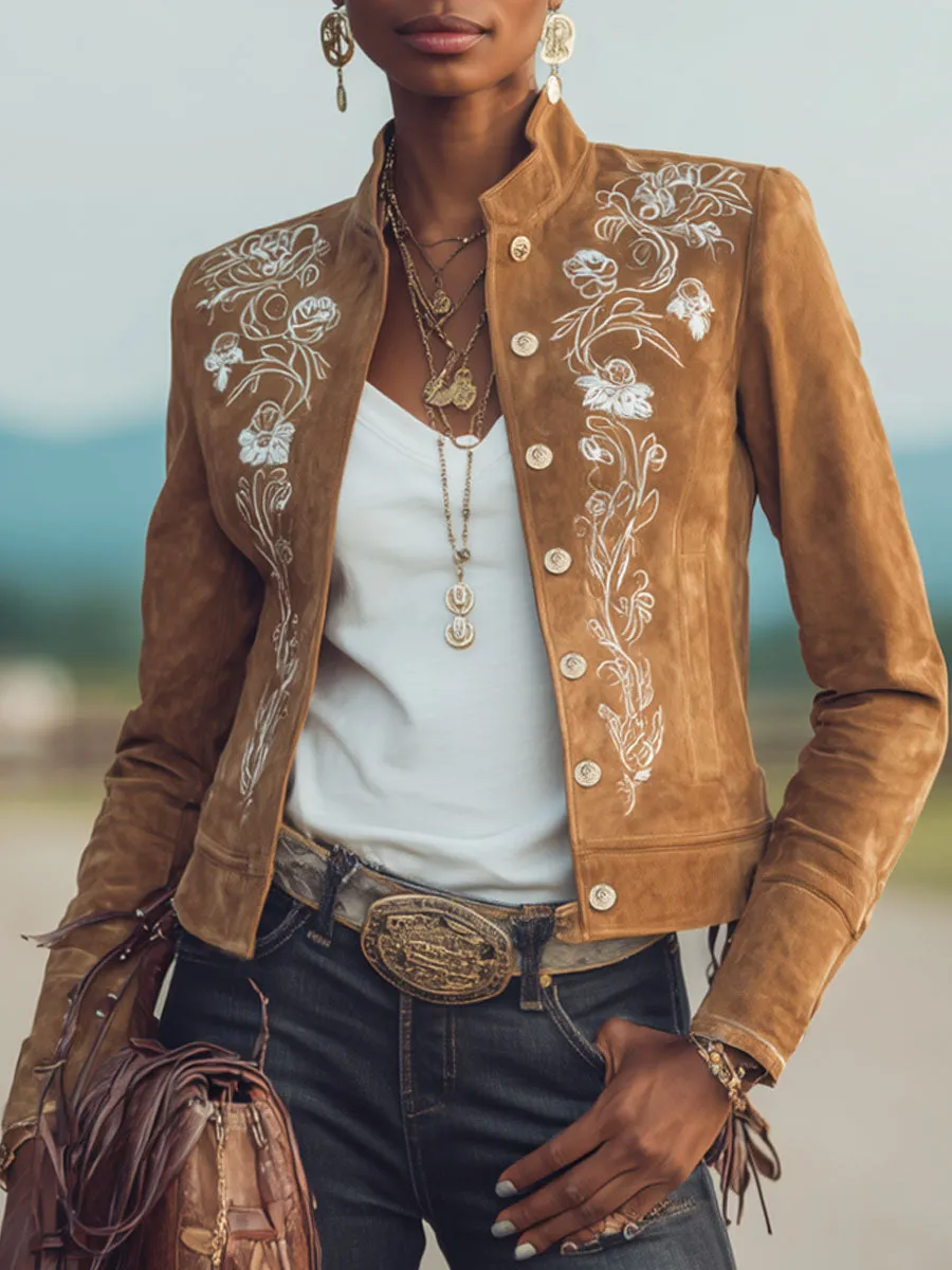 Stand-up Collar Vintage Floral Embroidered Faux Suede Single-breasted Jacket sold by Oyrosy