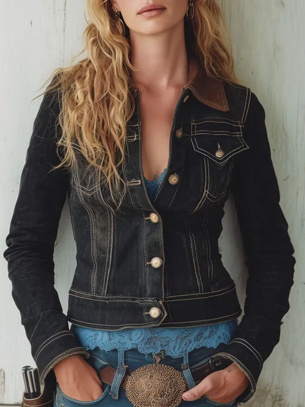 Western Retro Faux Suede Collar Black Denim Jacket sold by Oyrosy