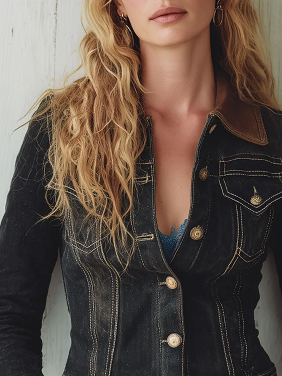 Western Retro Faux Suede Collar Black Denim Jacket sold by Oyrosy product image thumbnail 3