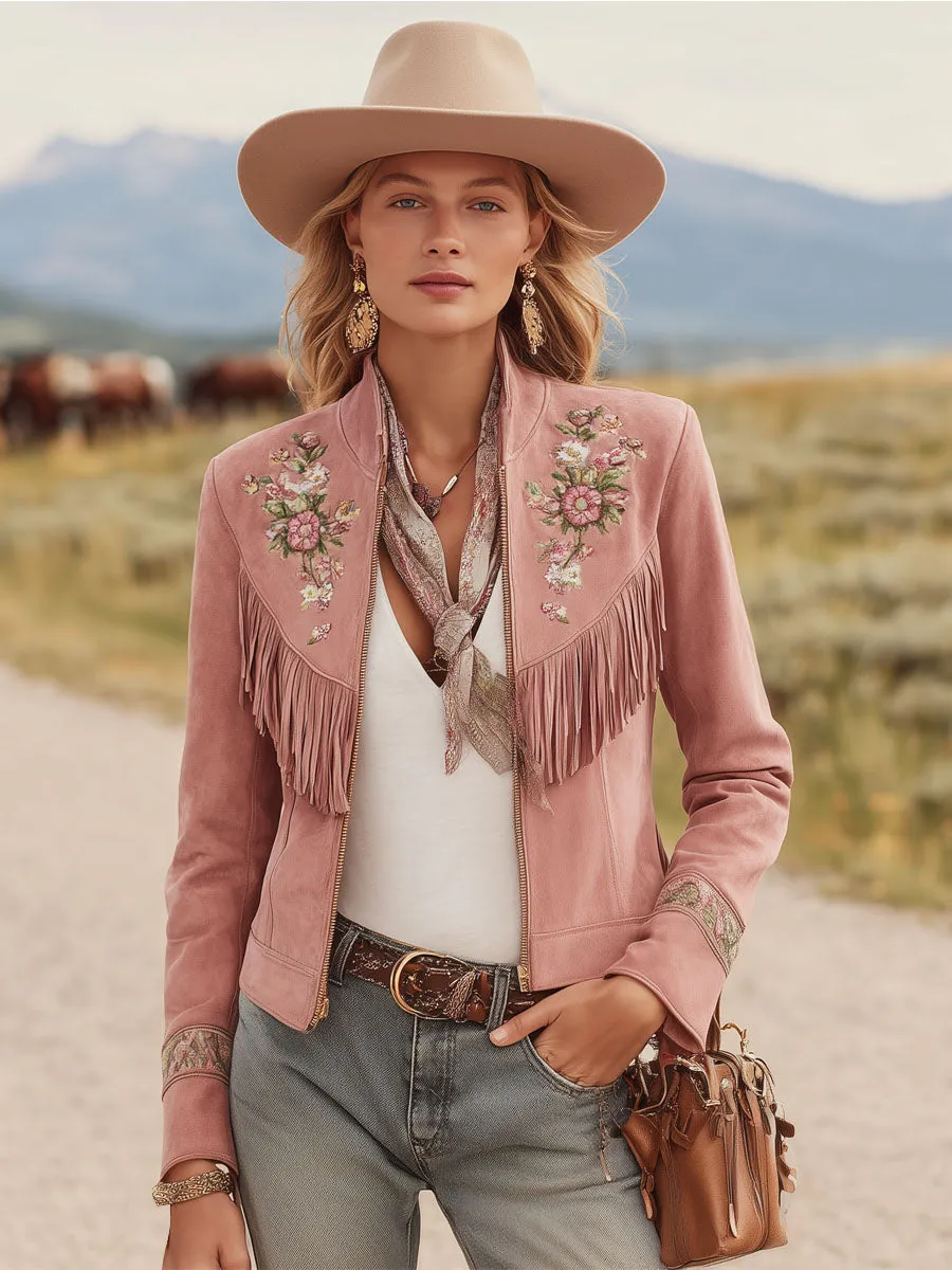 Stand-up Collar Tassel Vintage Floral Embroidery Faux Suede Zip-up Jacket sold by Oyrosy product image thumbnail 4