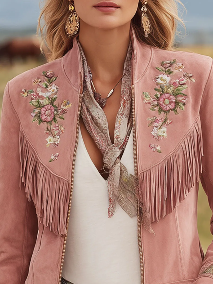Stand-up Collar Tassel Vintage Floral Embroidery Faux Suede Zip-up Jacket sold by Oyrosy product image thumbnail 2