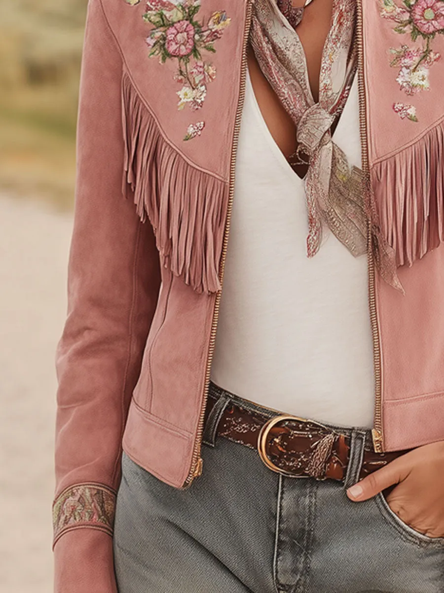 Stand-up Collar Tassel Vintage Floral Embroidery Faux Suede Zip-up Jacket sold by Oyrosy product image thumbnail 3