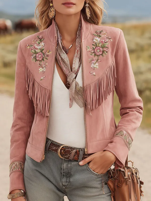 Stand-up Collar Tassel Vintage Floral Embroidery Faux Suede Zip-up Jacket sold by Oyrosy