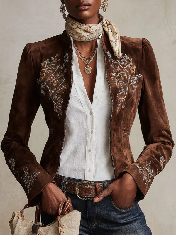Stand-up Collar Vintage Floral Embroidered Faux Suede Zip-up Jacket sold by Oyrosy