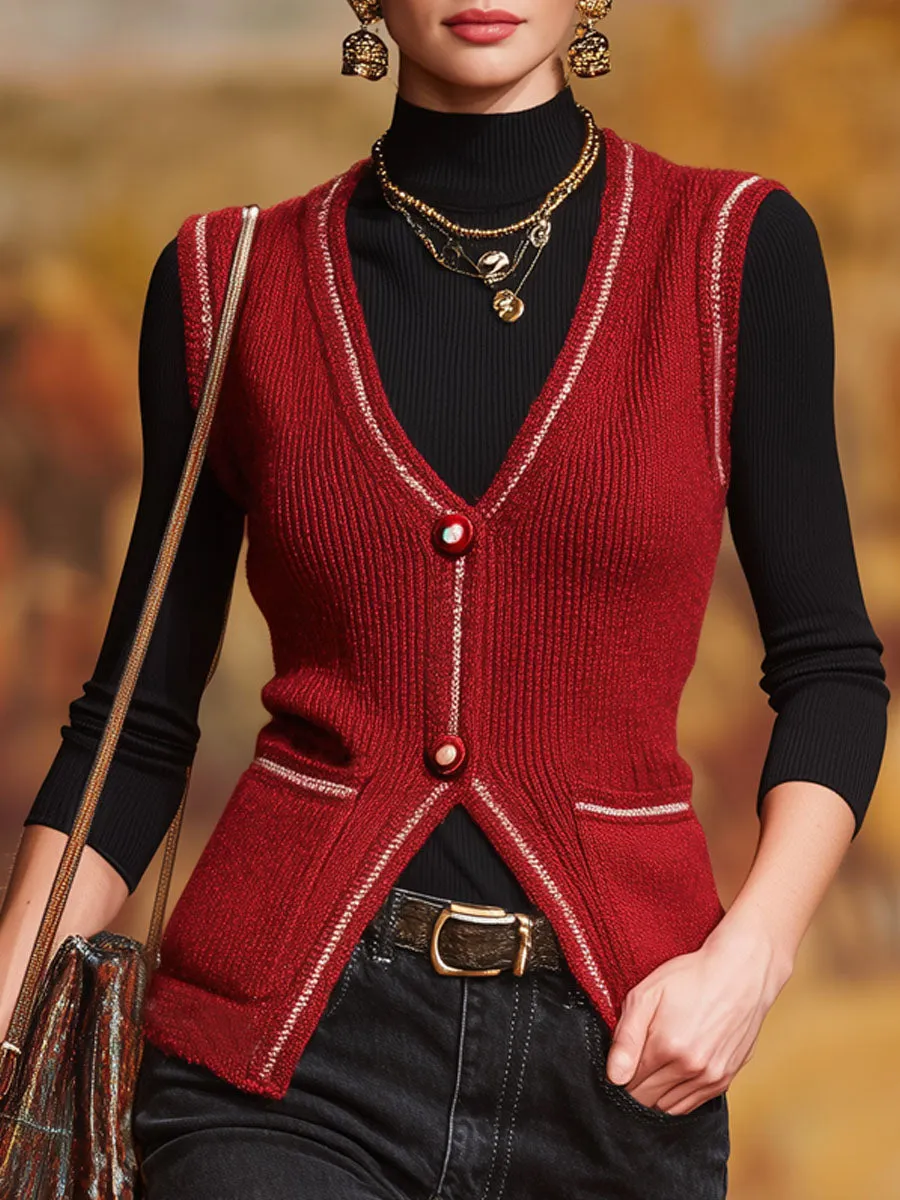 Warm V-neck Single-breasted Double-pocket Knitted Vest sold by Oyrosy