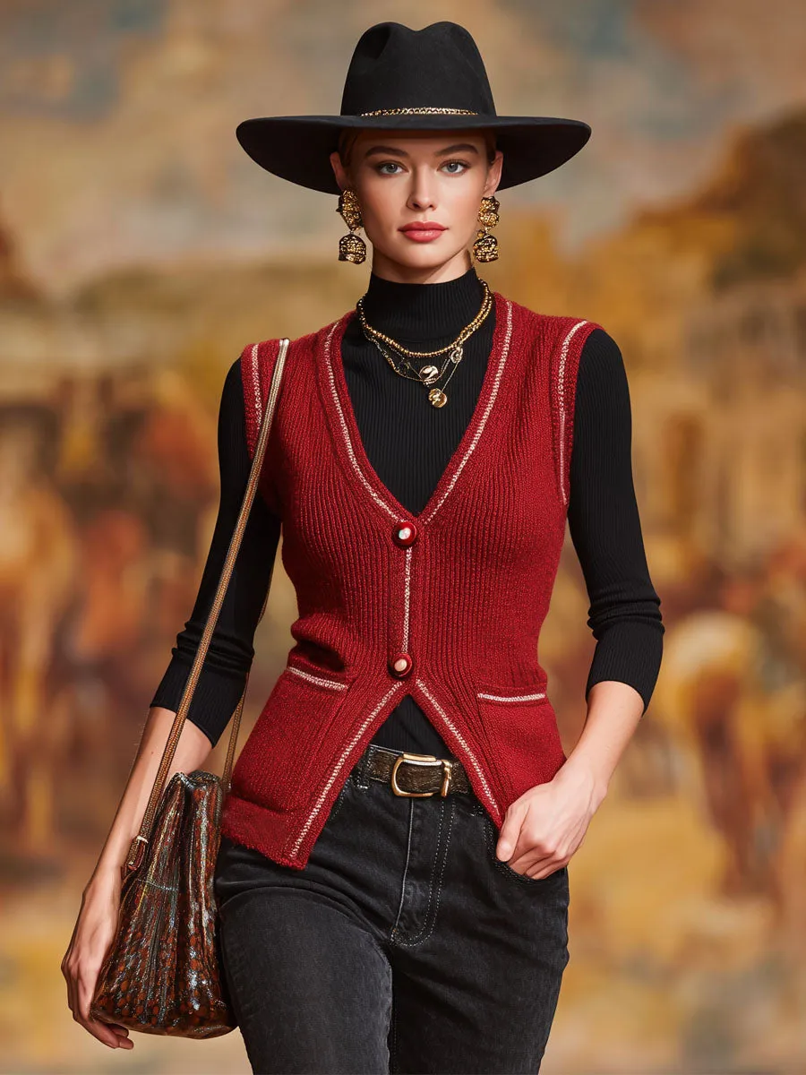 Warm V-neck Single-breasted Double-pocket Knitted Vest sold by Oyrosy product image thumbnail 4