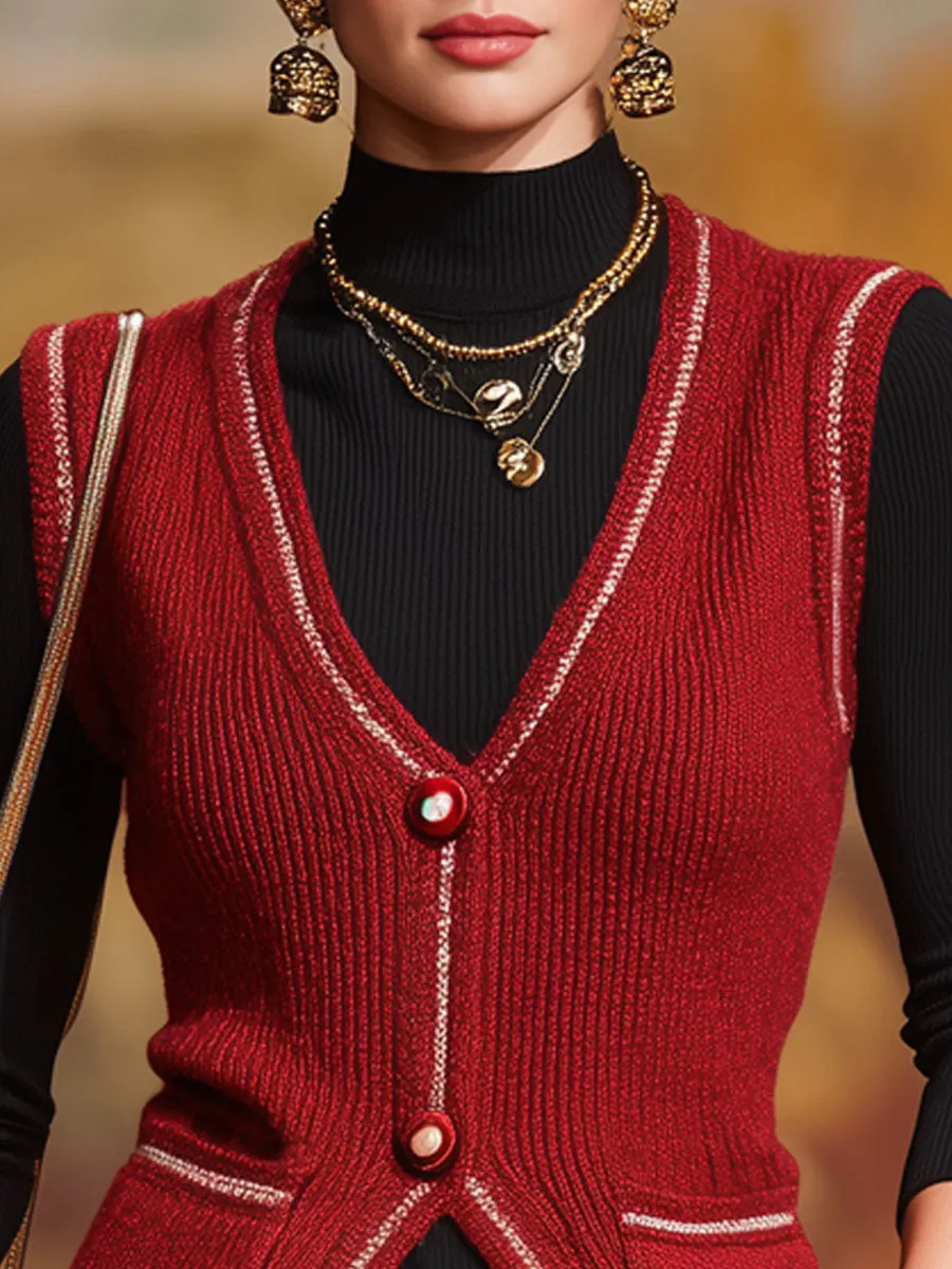 Warm V-neck Single-breasted Double-pocket Knitted Vest sold by Oyrosy product image thumbnail 2