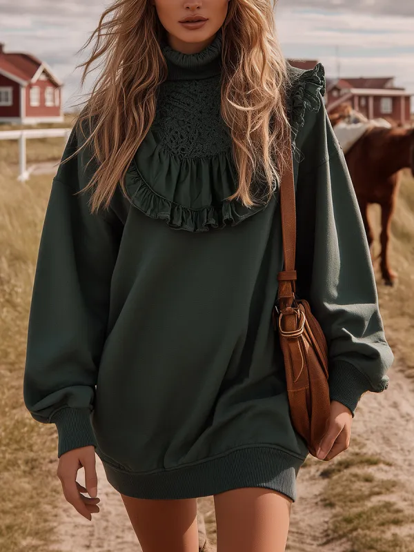 Retro Loose Ruffled Dark Green Mini Dress sold by Oyrosy