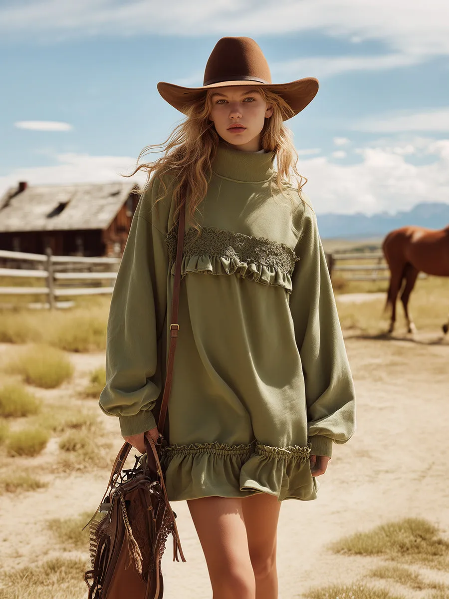 Casual Loose-fitting Green Ruffled Trim Mini Dress sold by Oyrosy product image thumbnail 2