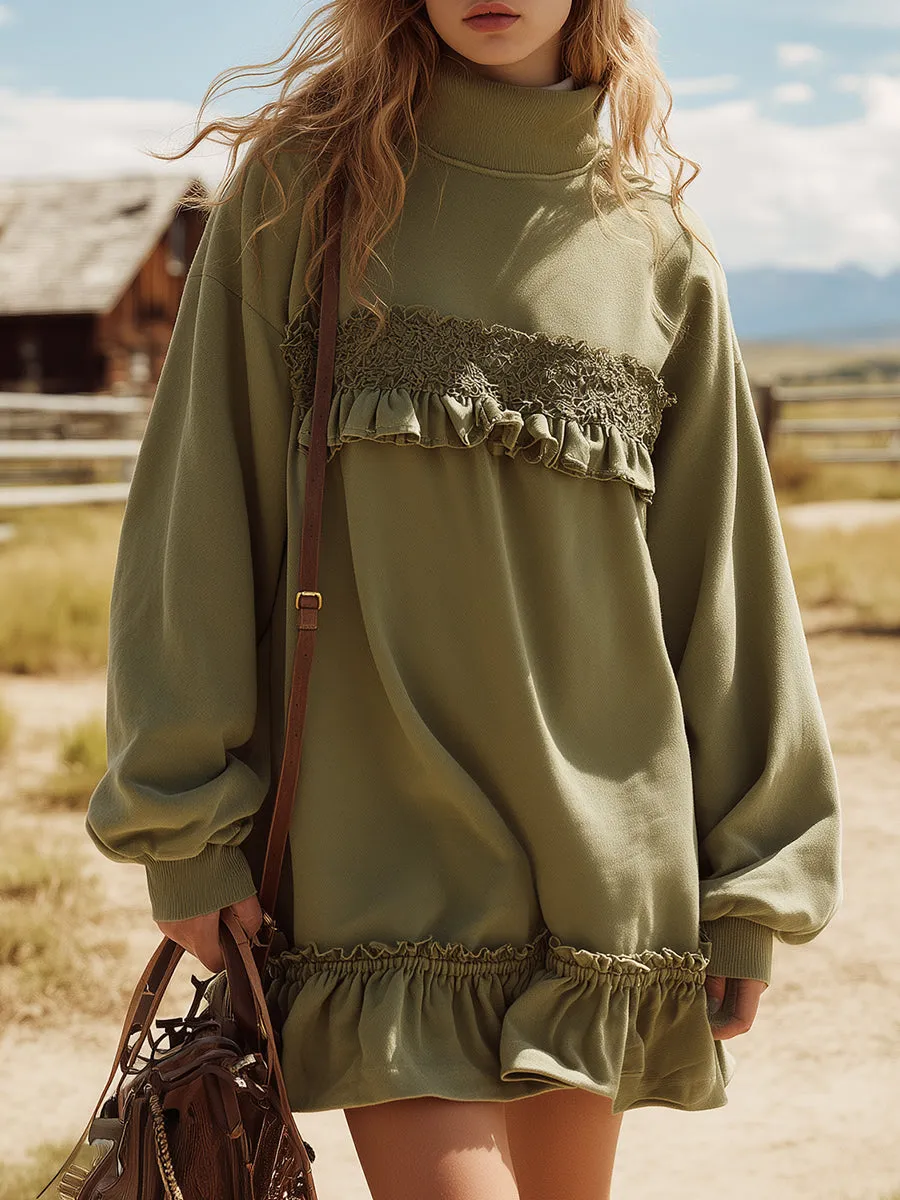 Casual Loose-fitting Green Ruffled Trim Mini Dress sold by Oyrosy