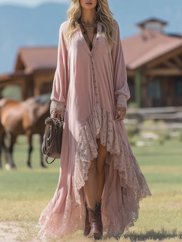 Fashionable Loose Irregular Lace Hem Pink Polar Fleece Maxi Dress sold by Oyrosy