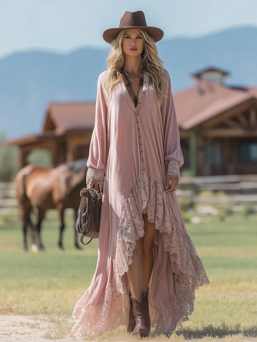 Fashionable Loose Irregular Lace Hem Pink Polar Fleece Maxi Dress sold by Oyrosy product image thumbnail 2