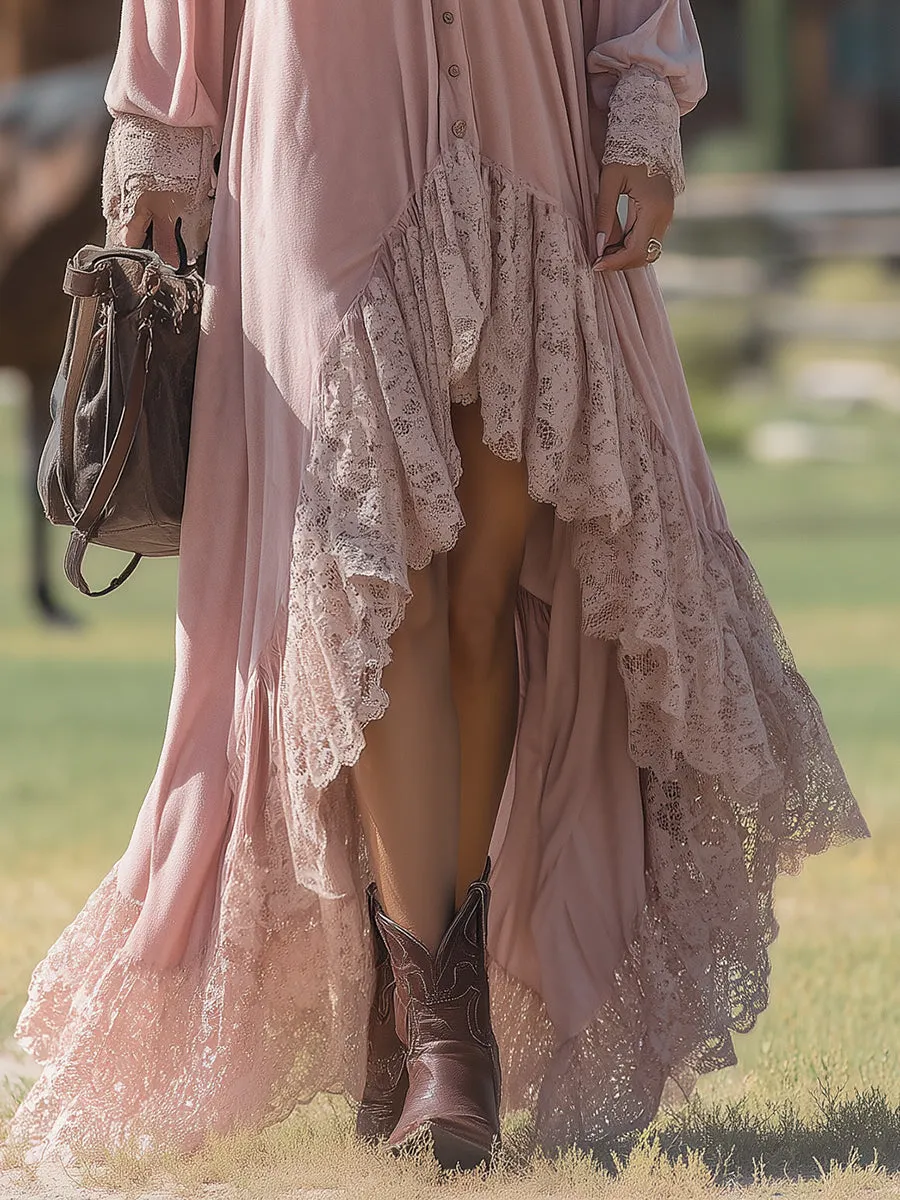 Fashionable Loose Irregular Lace Hem Pink Polar Fleece Maxi Dress sold by Oyrosy product image thumbnail 4