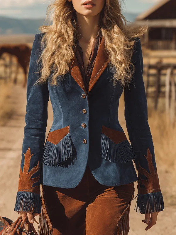 Retro Western Style Brown Patchwork Tassel Faux Suede Blazer sold by Oyrosy