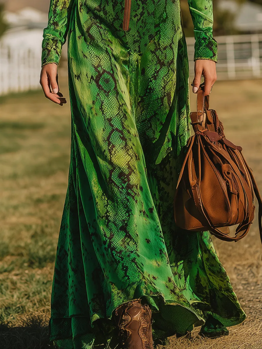 Retro Western-style Snakeskin Print Green Velvet Maxi Dress sold by Oyrosy product image thumbnail 4