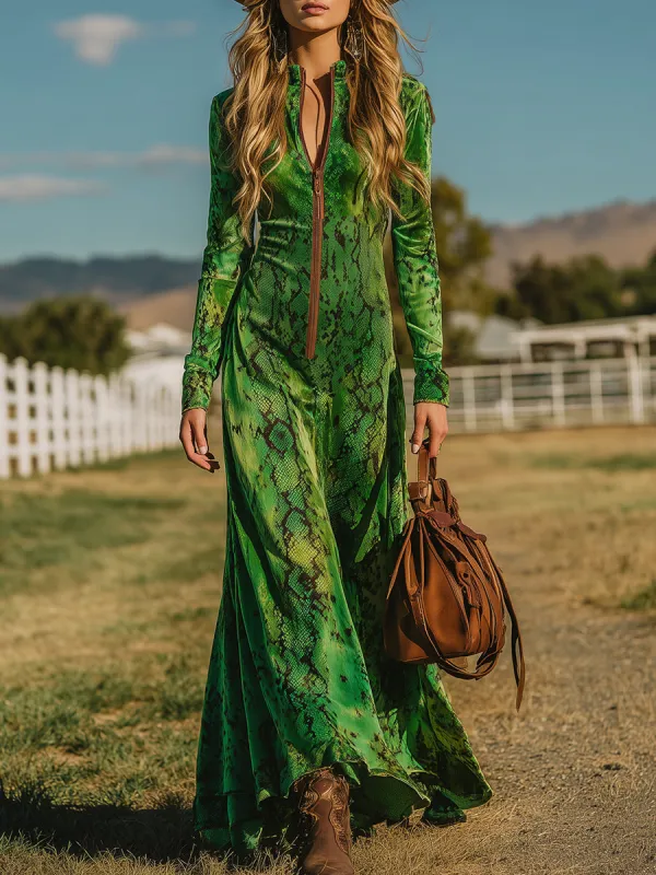 Retro Western-style Snakeskin Print Green Velvet Maxi Dress sold by Oyrosy