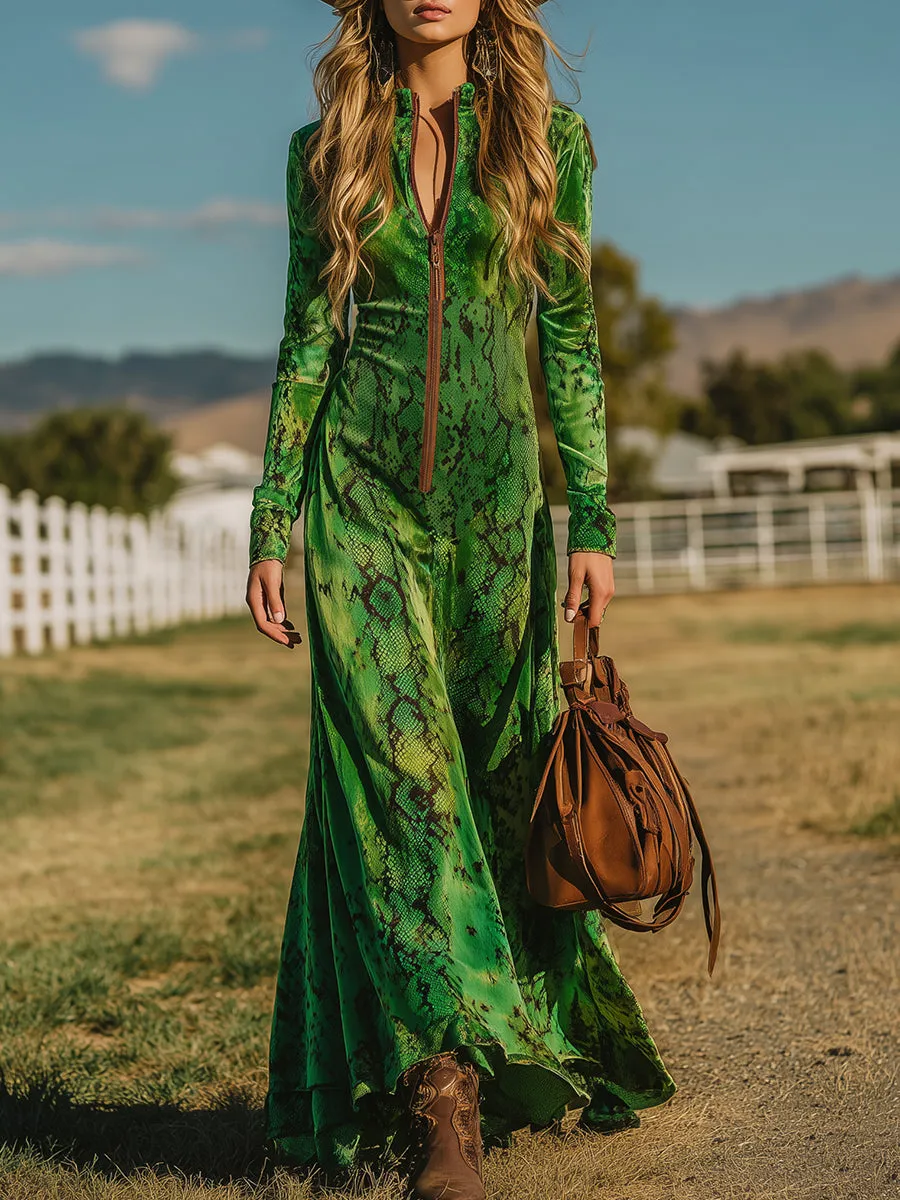 Retro Western-style Snakeskin Print Green Velvet Maxi Dress sold by Oyrosy