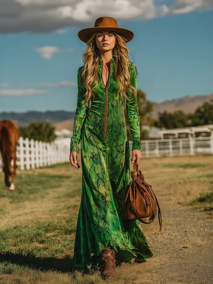 Retro Western-style Snakeskin Print Green Velvet Maxi Dress sold by Oyrosy product image thumbnail 2
