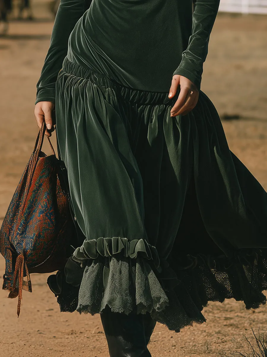 Romantic Western Ruffled High-Neck Green Velvet Maxi Dress sold by Oyrosy product image thumbnail 4
