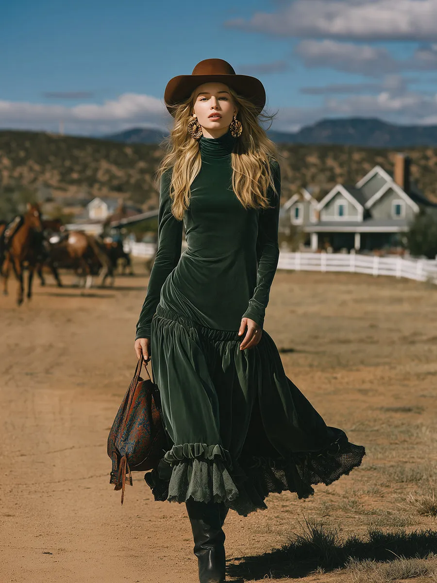 Romantic Western Ruffled High-Neck Green Velvet Maxi Dress sold by Oyrosy product image thumbnail 2