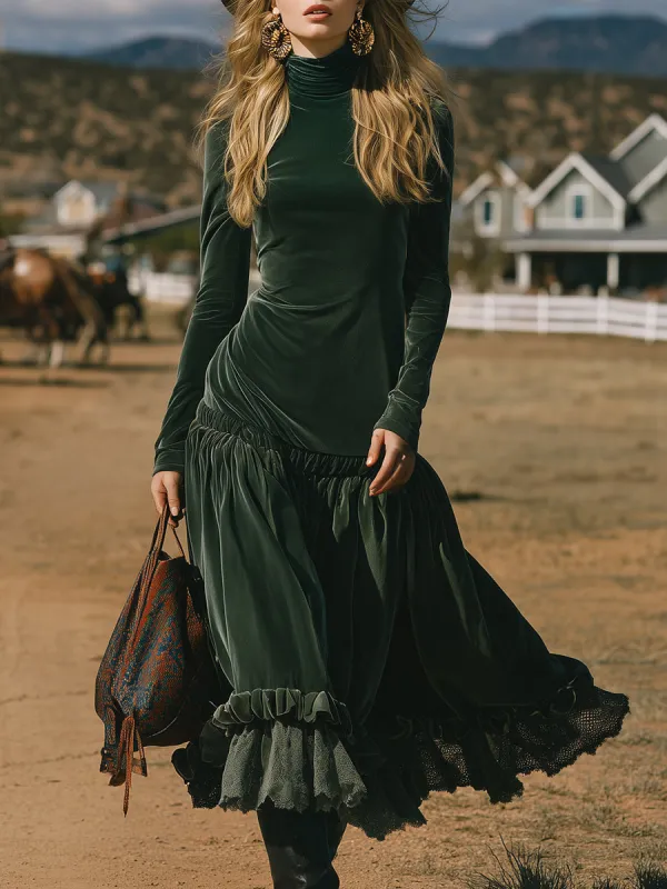 Romantic Western Ruffled High-Neck Green Velvet Maxi Dress sold by Oyrosy