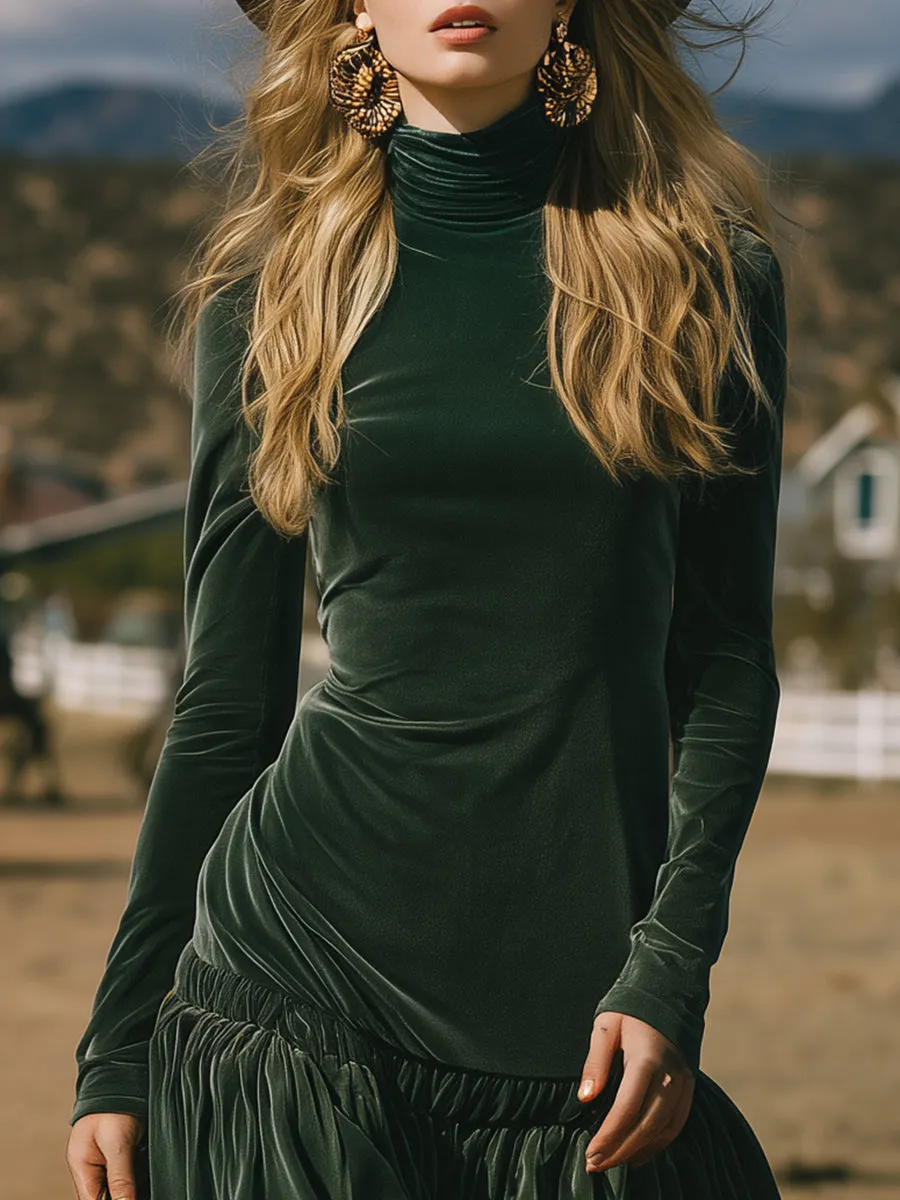 Romantic Western Ruffled High-Neck Green Velvet Maxi Dress sold by Oyrosy product image thumbnail 3