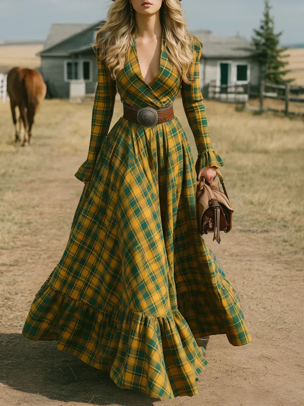 Retro Western Style Blue And Yellow Plaid V-neck Maxi Dress sold by Oyrosy