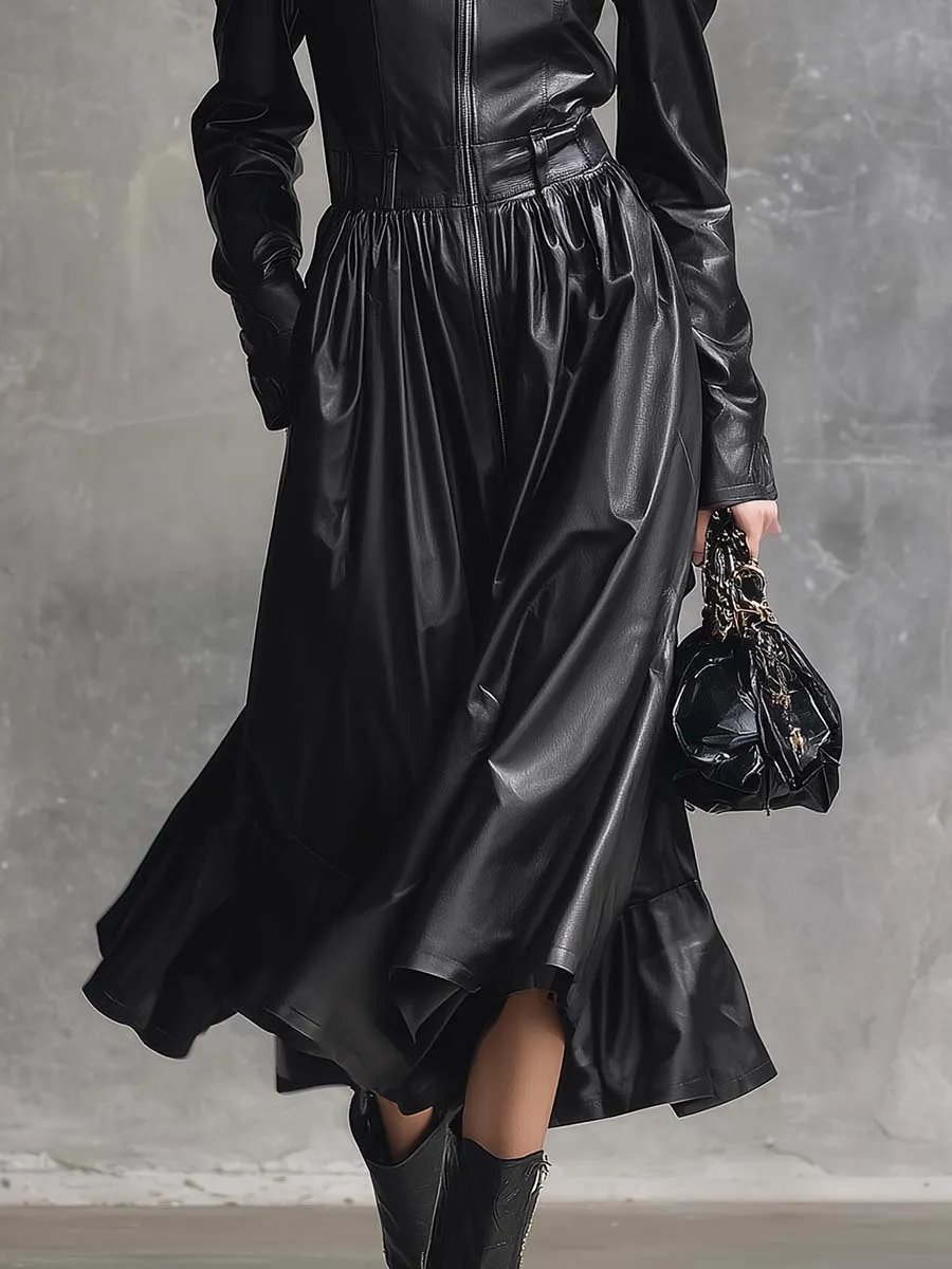 Elegant Retro Front Zipper 3D Floral Embellishments Bubble Hem Black Leather Midi Dress sold by Oyrosy product image thumbnail 3