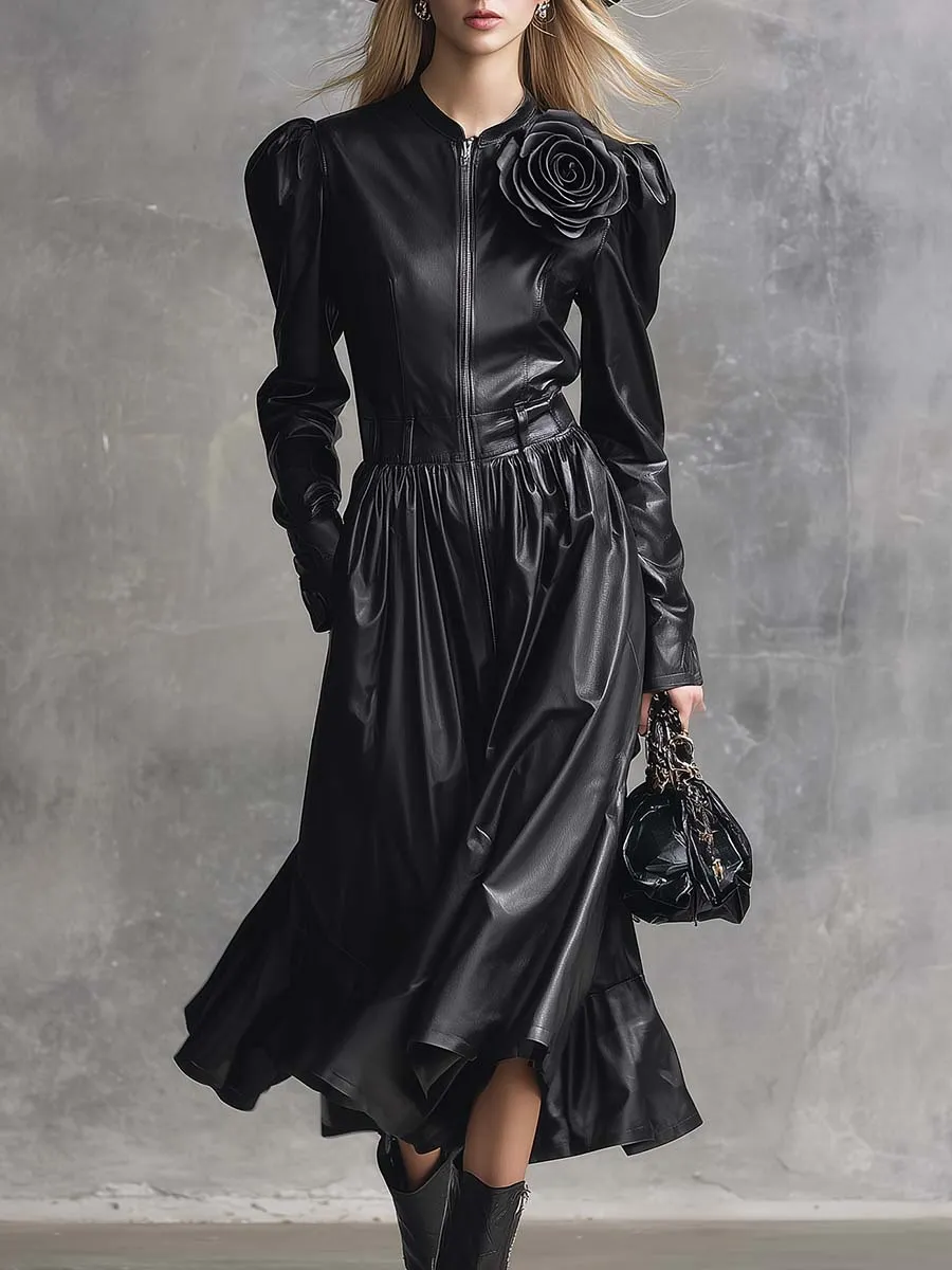 Elegant Retro Front Zipper 3D Floral Embellishments Bubble Hem Black Leather Midi Dress sold by Oyrosy