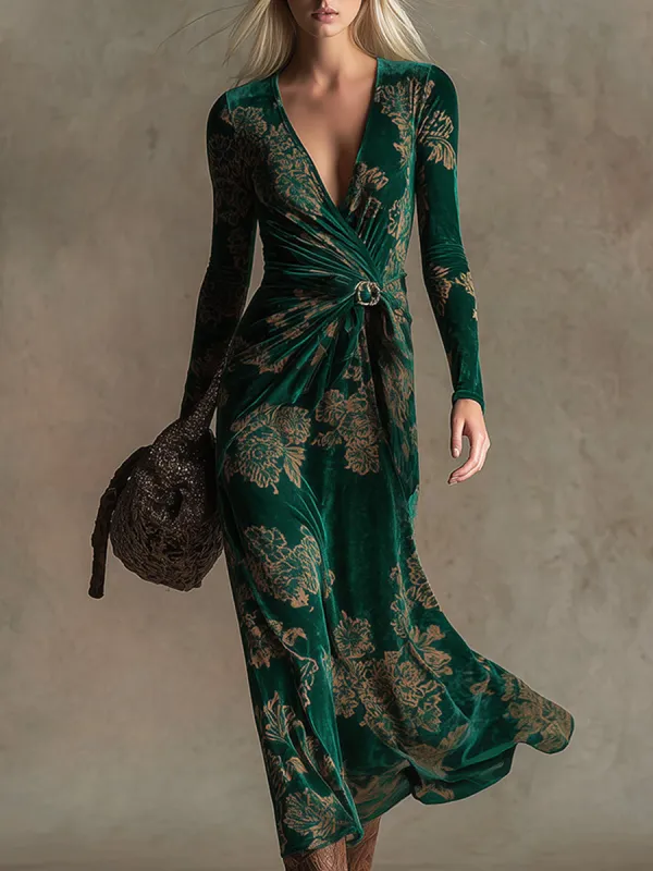 Elegant Retro Gold Print V-neck Green Velvet Maxi Dress sold by Oyrosy