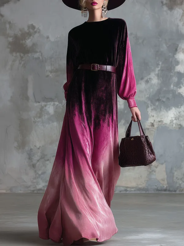 Elegant And Loose-fitting Black And Pink Gradient Velvet Maxi Dress sold by Oyrosy
