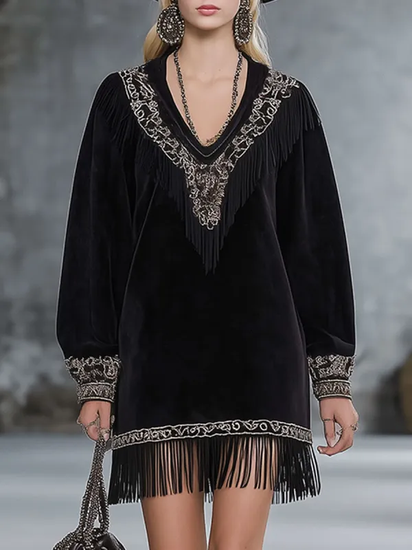 Western-style Embroidered Black Faux Suede Patchwork Tassel Mini Dress sold by Oyrosy