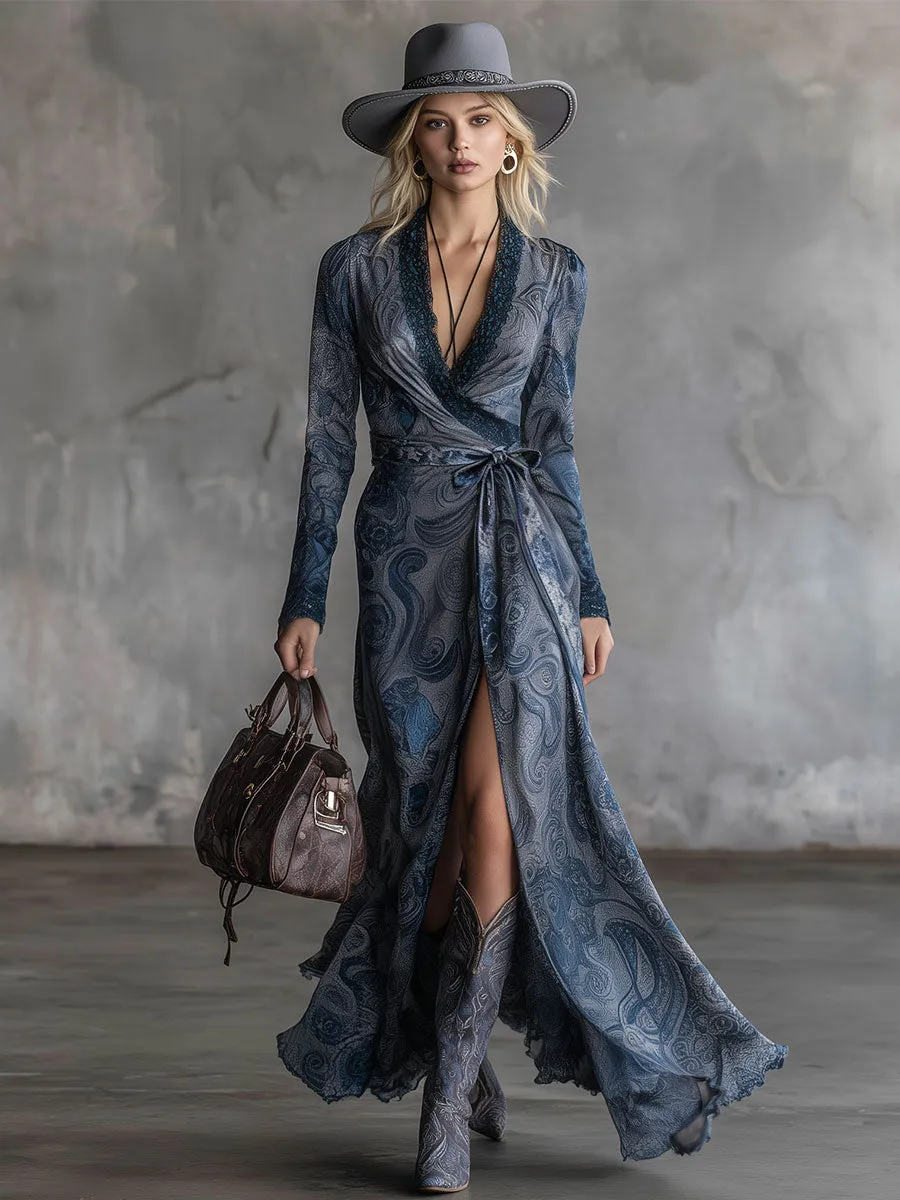 Fashionable Blue Paisley Chiffon Maxi Dress sold by Oyrosy product image thumbnail 2