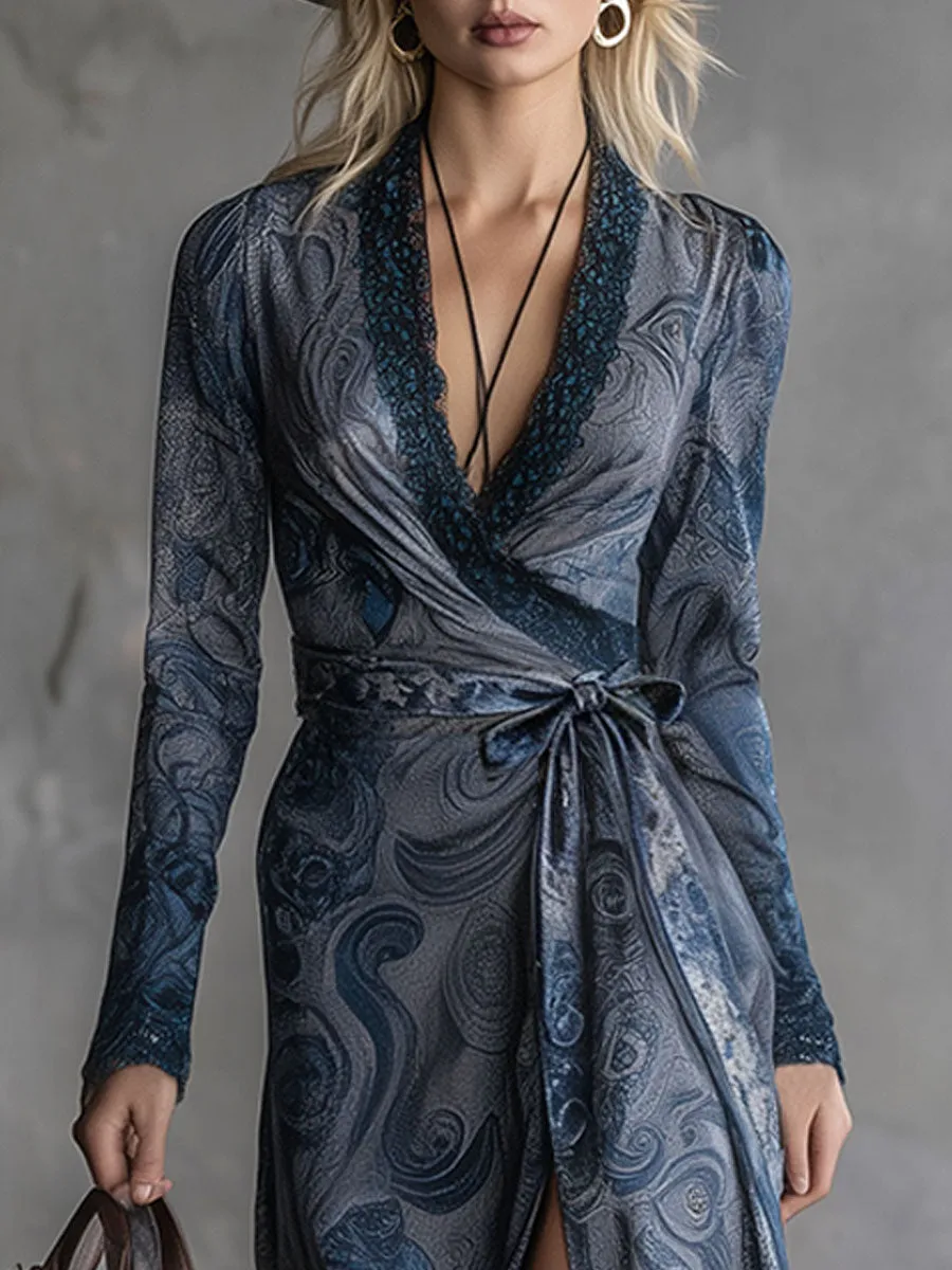 Fashionable Blue Paisley Chiffon Maxi Dress sold by Oyrosy product image thumbnail 3
