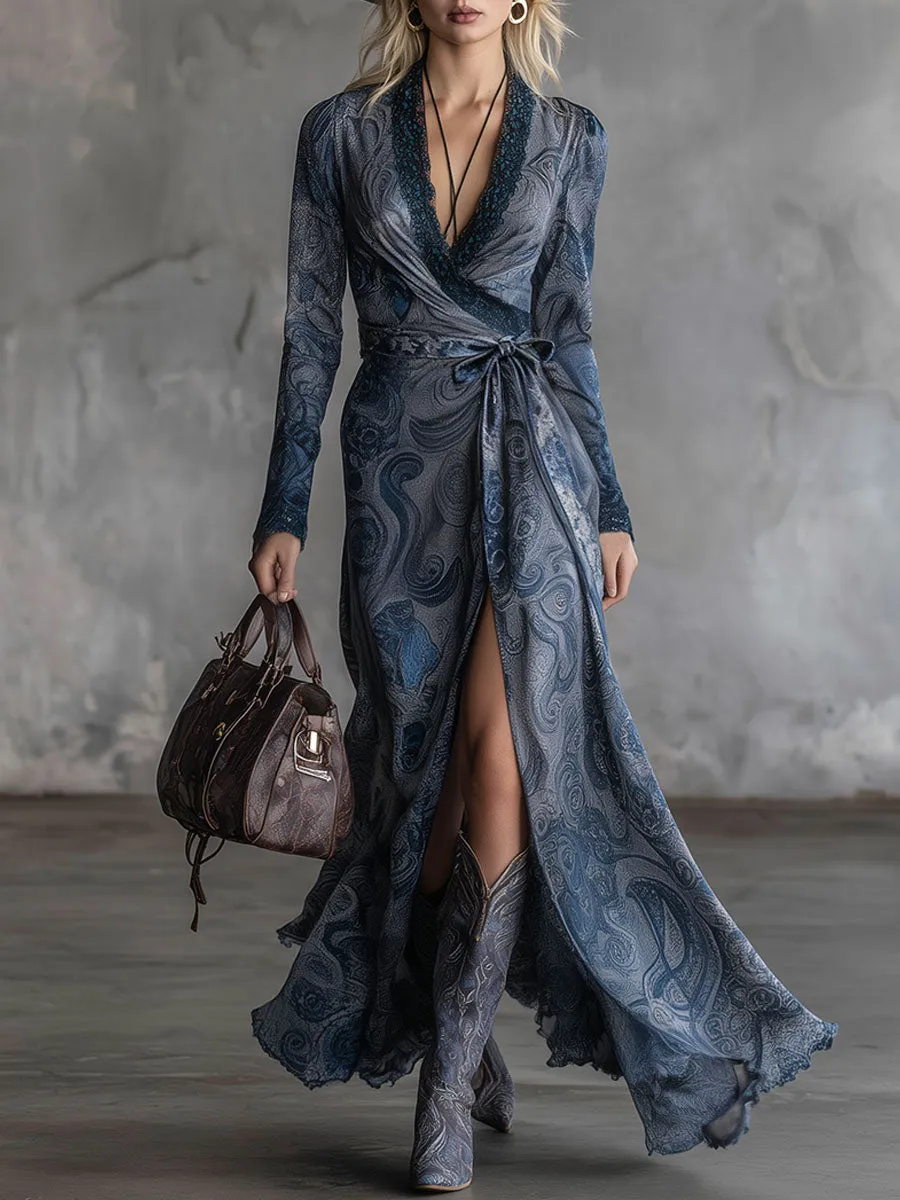 Fashionable Blue Paisley Chiffon Maxi Dress sold by Oyrosy