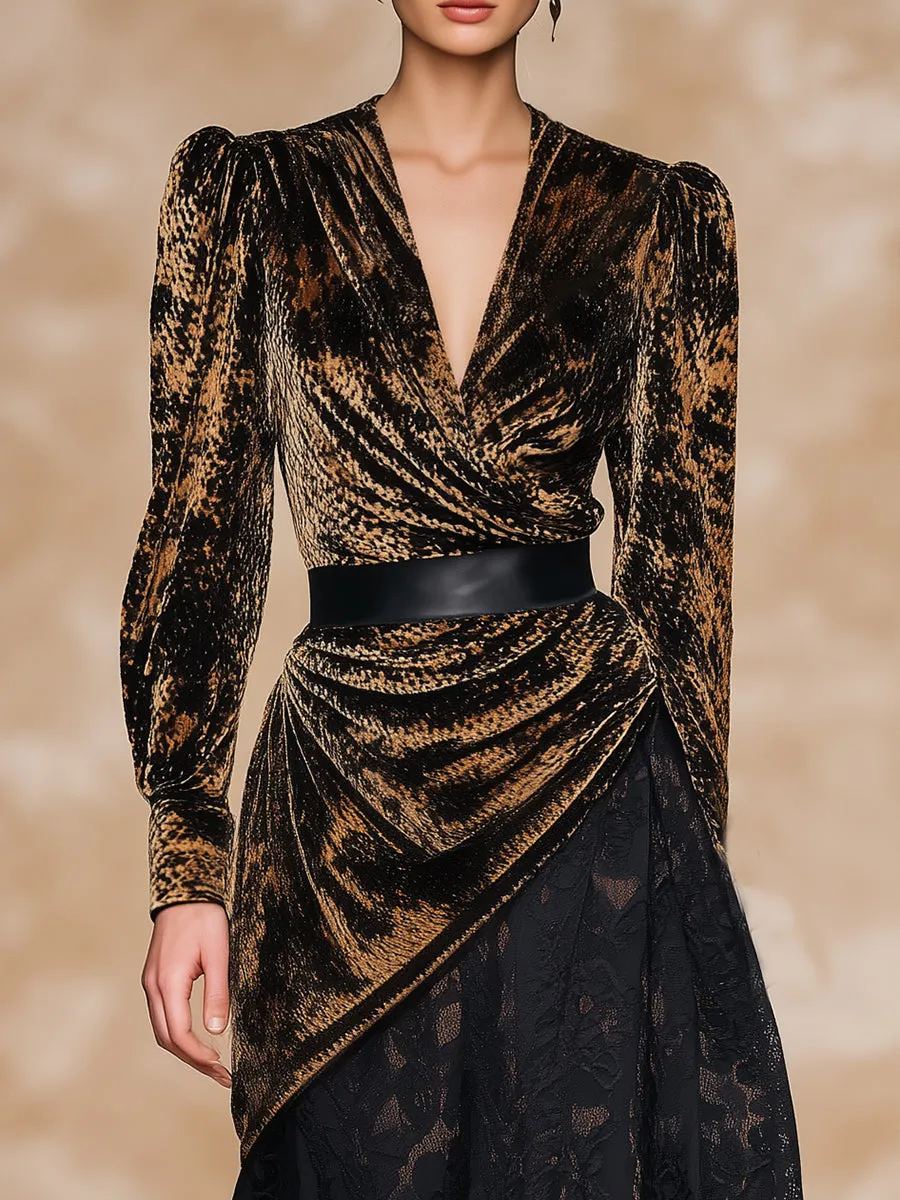 Retro-chic V-neck Velvet Printed Lace Faux Two-piece Maxi Dress sold by Oyrosy product image thumbnail 3