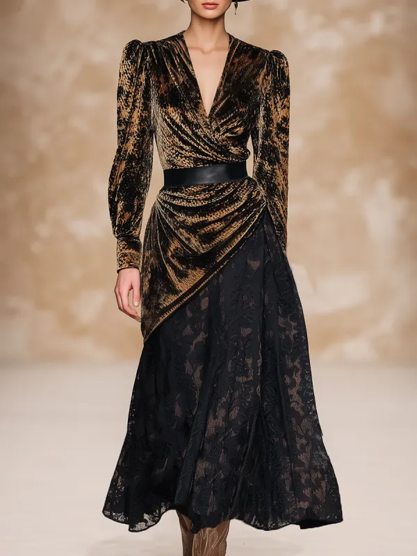 Retro-chic V-neck Velvet Printed Lace Faux Two-piece Maxi Dress sold by Oyrosy