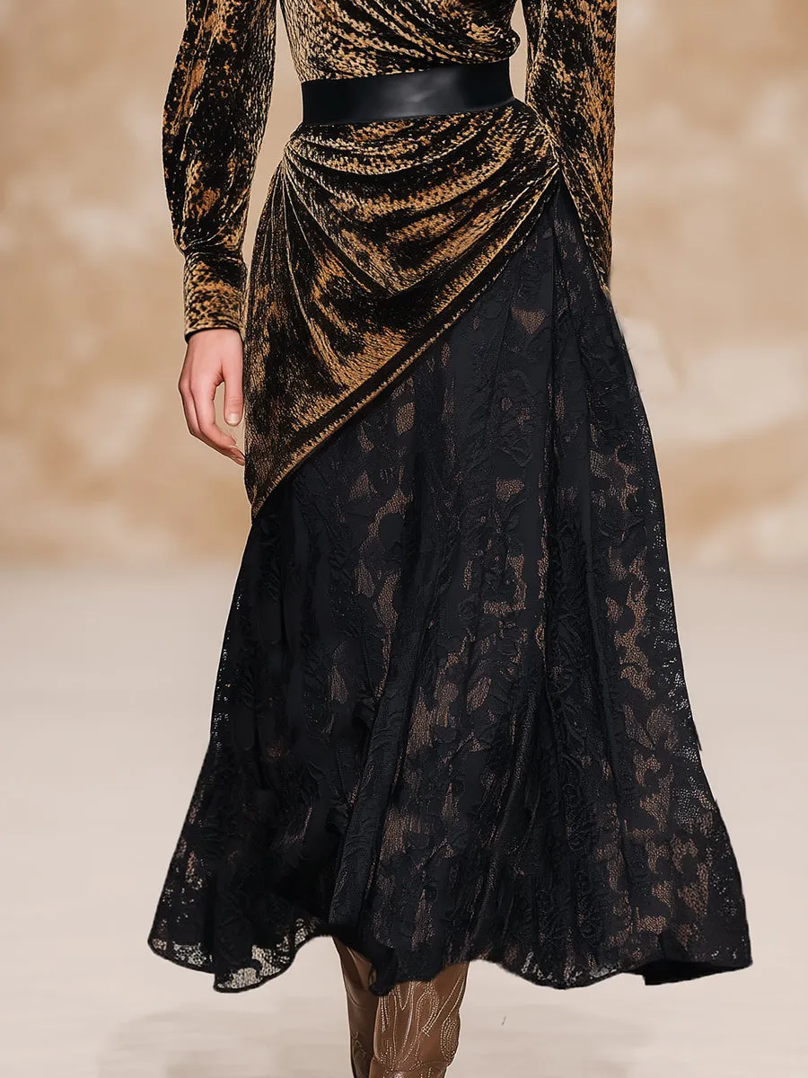 Retro-chic V-neck Velvet Printed Lace Faux Two-piece Maxi Dress sold by Oyrosy product image thumbnail 4