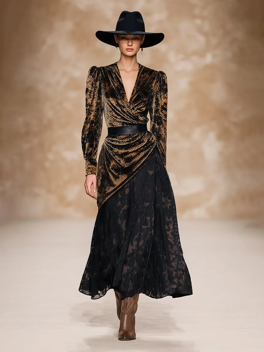 Retro-chic V-neck Velvet Printed Lace Faux Two-piece Maxi Dress sold by Oyrosy product image thumbnail 2