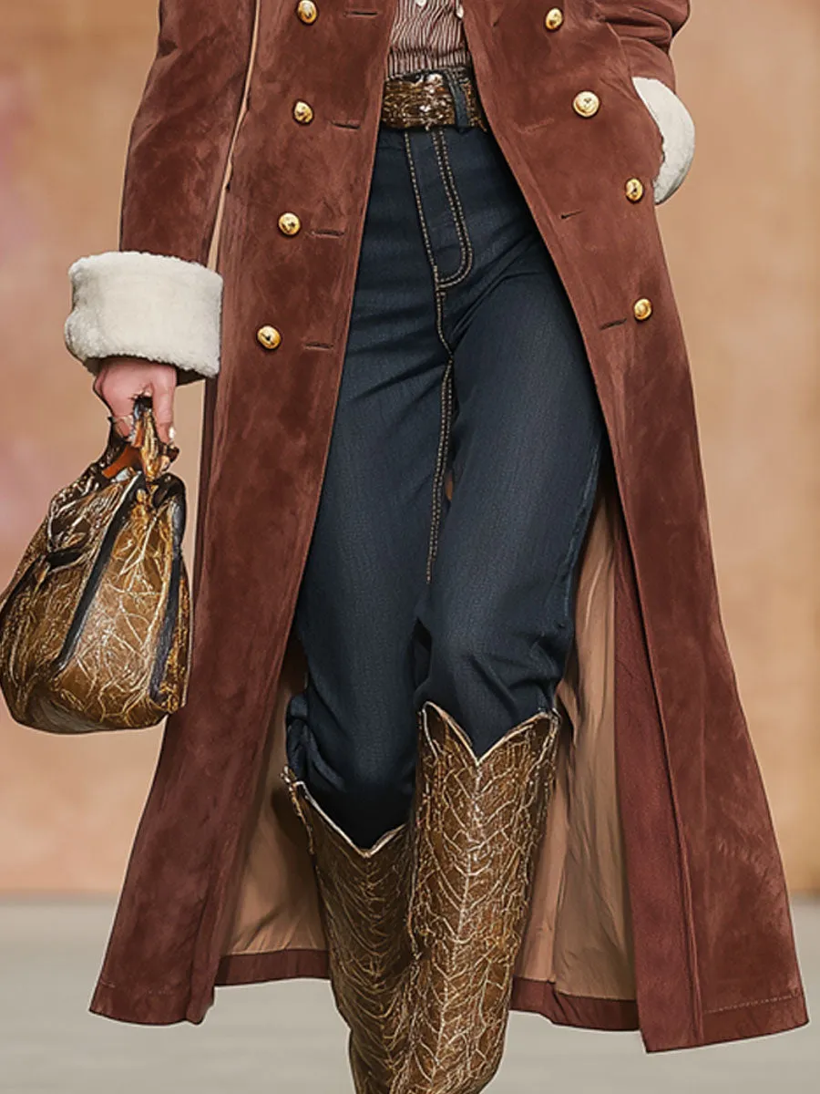 Lapel Fleece Double-pocket Double-breasted Faux Suede Coat sold by Oyrosy product image thumbnail 3