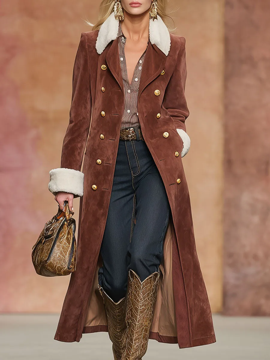 Lapel Fleece Double-pocket Double-breasted Faux Suede Coat sold by Oyrosy