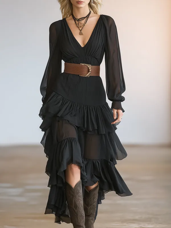 Retro-chic Black Chiffon V-neck Layered Ruffle Chiffon Maxi Dress sold by Oyrosy