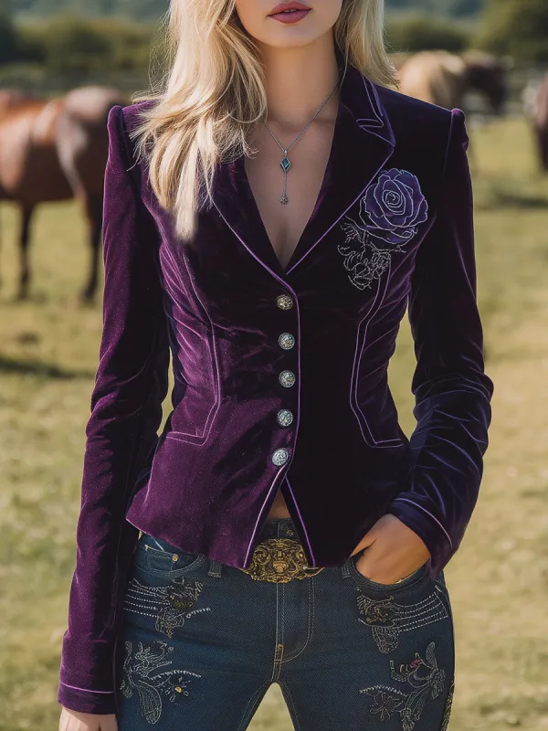 Western-style Purple Velvet Collar  With Purple Embroidered Rose Buttons  Blazer sold by Oyrosy