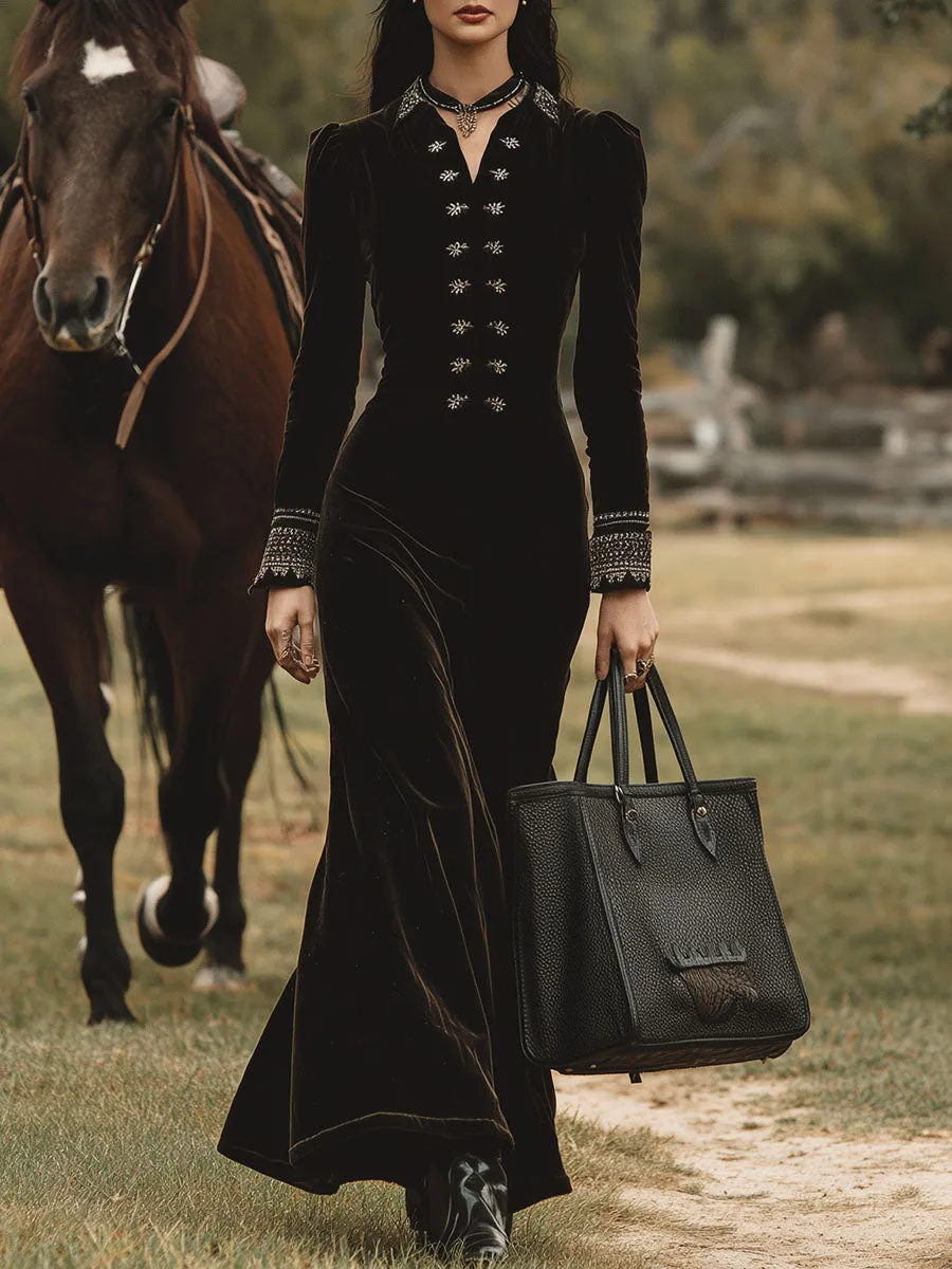 Western Black Velvet Button Embroidered Maxi Dress sold by Oyrosy