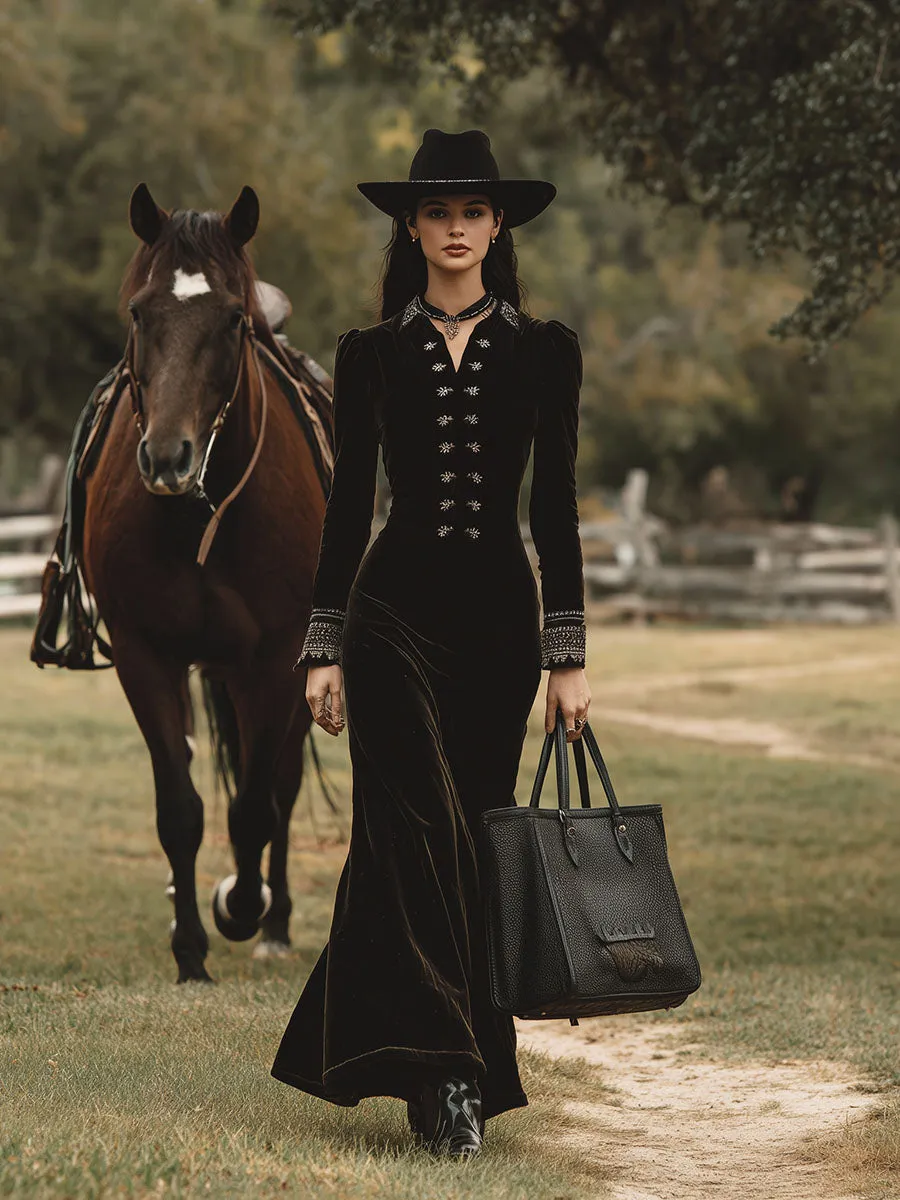 Western Black Velvet Button Embroidered Maxi Dress sold by Oyrosy product image thumbnail 2