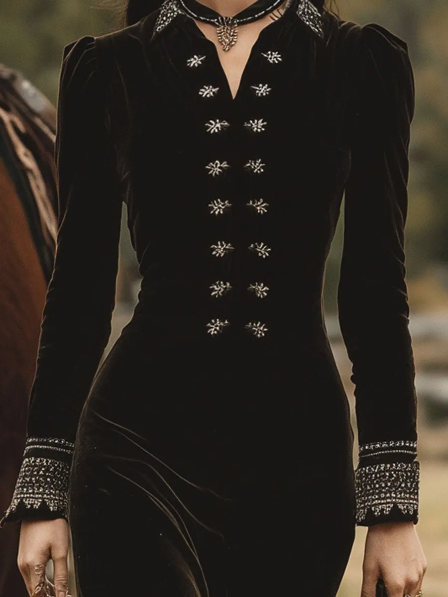 Western Black Velvet Button Embroidered Maxi Dress sold by Oyrosy product image thumbnail 3