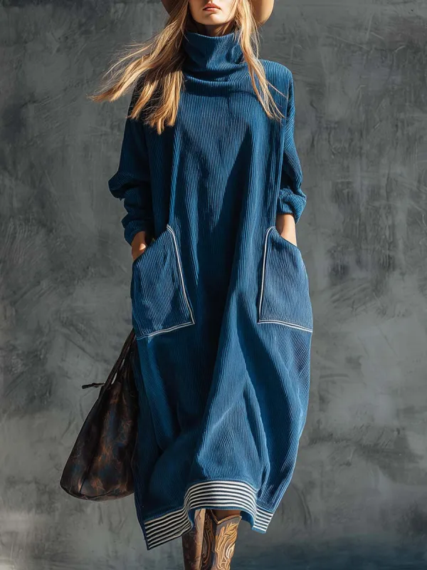 Casual Fashion Vintage High Collar Large Side Pockets Blue Corduroy Midi Dress sold by Oyrosy