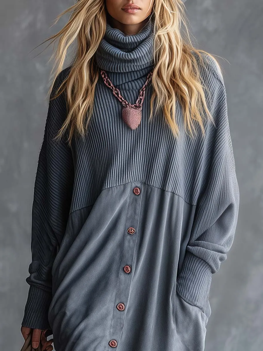 Vintage Casual Western High Neck Front Button Gray Blue Knit And Faux Suede Patchwork Slit Maxi Dress sold by Oyrosy product image thumbnail 4