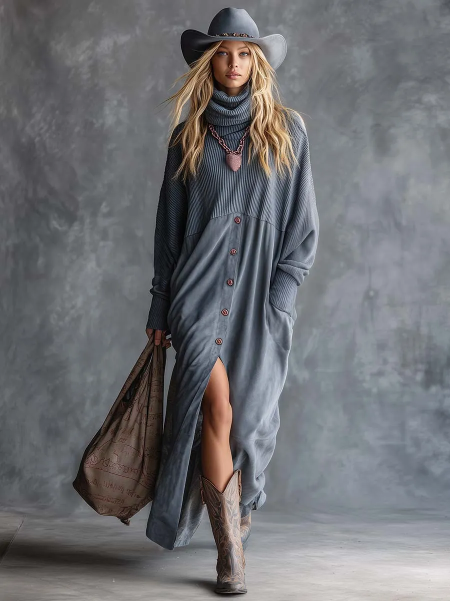 Vintage Casual Western High Neck Front Button Gray Blue Knit And Faux Suede Patchwork Slit Maxi Dress sold by Oyrosy product image thumbnail 2